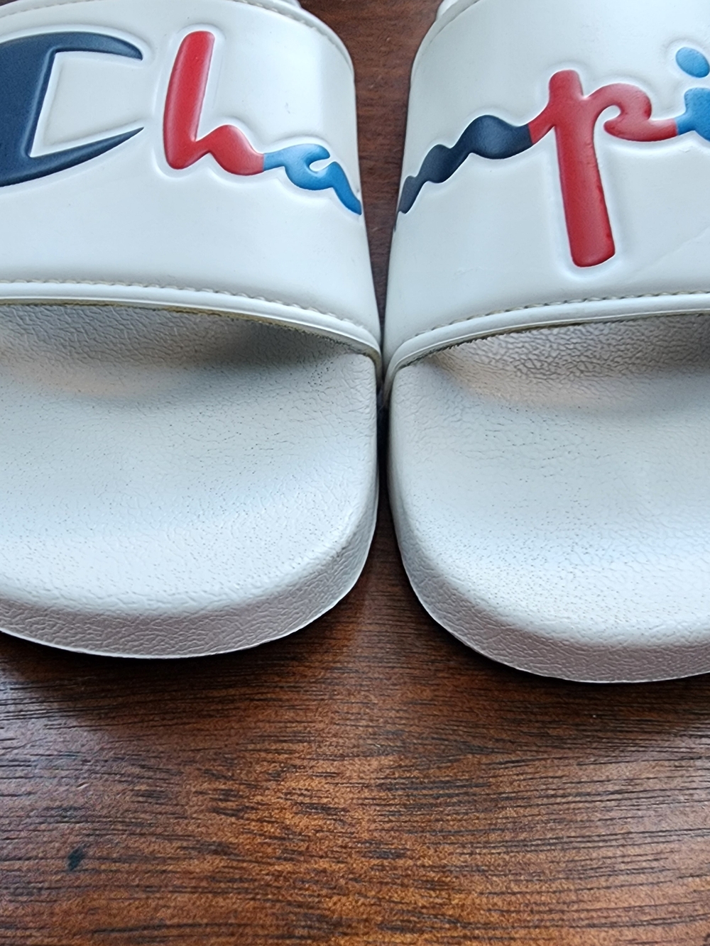 Champion White Slide Sandals Split Script Multi Color Logo Slides Shoes - Picture 3 of 7